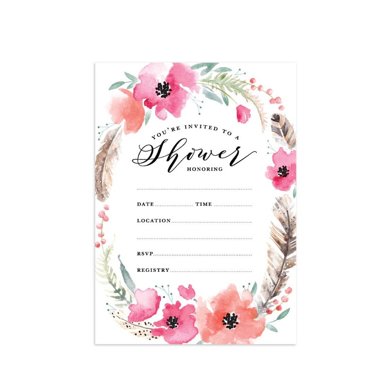 Canopy Street Boho Spirit Fill In The Blank Shower Invitation / 25 Bridal Shower Invitations With White Envelopes / 5" x 7" Flat Boho Baby Shower Invite - Image 1